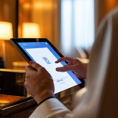 A guest using a tablet to check in at a hotel